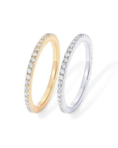 PAVOI Gold Plated Solid 925 Sterling Silver CZ Simulated Diamond Stackable Ring Eternity Bands for Women - color: 2-Pack White Gold & Yellow Gold