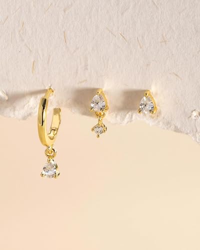 3 Pairs Small Earring Stacks, 14K Gold/Silver/Black/Rose Gold Plated Pearl Heart Butterfly Star Diamond Charm Drop Huggie Earrings Trendy Jewelry Gift for Women - color: Gold-Teardrop