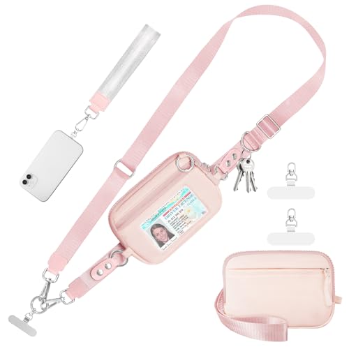 Tiostep Clip and Go Strap for Phone with Wallet Crossbody Phone Lanyard Adjustable and Detachable RFID Wristlet Wallet with ID Window and Zipper, Pink - color: Pink, size: Medium