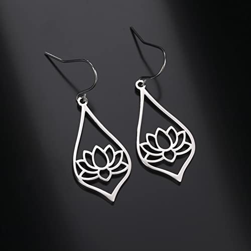 TEAMER Stainless Steel Lotus Flower Dangle Earrings Bohemian Drop Earring Unique Geometric Jewelry for Women - color: Lotus 3-Steel Color