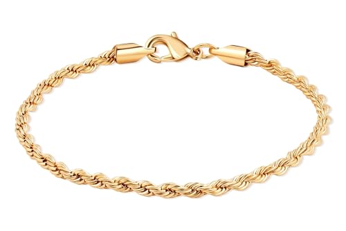 Barzel 18K Gold Plated Rope Chain Bracelet - Made In Brazil - color: 3MM, size: 8 Inches