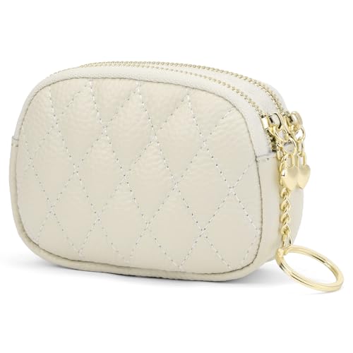 SENDEFN Women's Coin Purse Genuine Leather Wallet Small 2 Zippers Change Pouch Purse with Keychain Ring - color: 2-Beige