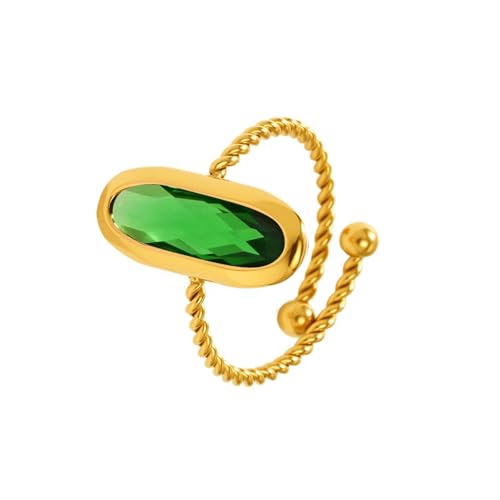 18K Gold Plated Adjustable Twisted Rings for Women Non Tarnish Oval Czech Glass Stone Stainless Steel Statement Rings Open Gemstone Boho Stackable Band Jewelry - color: Green