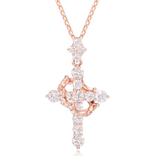 YIMERAIRE Upgraded Moissanite Crown Cross Necklace 14K Gold Vermeil 1.1 Carats Dainty Iced Out Easter Basket Stuffer Cross Jewelry S925 Sterling Silver Simple Gold Christian Faith Moissanite Cross Pendant Necklace For Women - color: Rose Gold