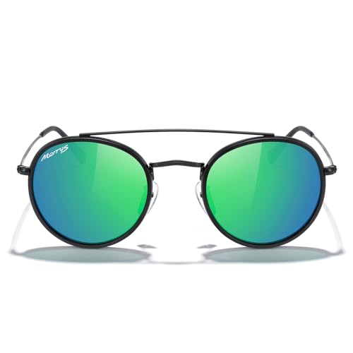 MERRY'S Retro Round Polarized Sunglasses - Unisex Double Bridge Sun Glasses - color: Matte Black Frame/Matte Black Bridge/Green Mirror Lens