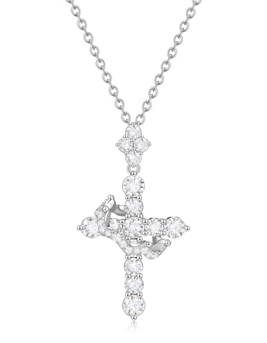 YIMERAIRE Upgraded Moissanite Crown Cross Necklace 14K Gold Vermeil 1.1 Carats Dainty Iced Out Easter Basket Stuffer Cross Jewelry S925 Sterling Silver Simple Gold Christian Faith Moissanite Cross Pendant Necklace For Women - color: 925 Silver
