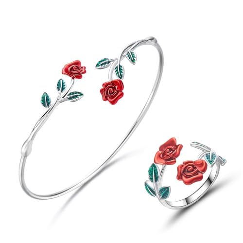 Dtja Vintage Rose Flower Bangle Cuff Bracelet Red Floral Statement Expandable Adjustable Ring for Women Antique Tribal Theme Green Leaf Jewelry for Valentine Christmas Holiday 2 Piece Set - color: Silver-Toned