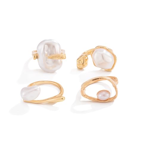 Chunky Gold Pearl Rings for Women Vintage Baroque Pearl Rings Set Open Stacking Pearls Ring Set Irregular Geometric Pearls Ring Boho Prom Costumes Fashion Jewelry Accessories - style: 4PCS A