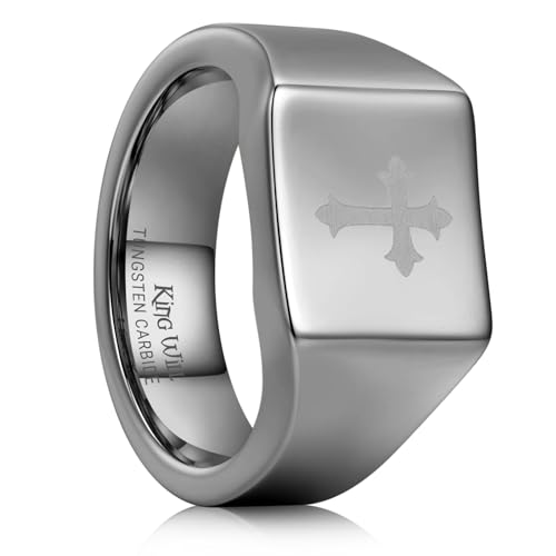 King Will Men's Tungsten Signet Rings Thumb Pinky Biker Band Ring For Men High Polished Plain Wedding Statement Ring Comfort Fit Size 7-12 - color: Cross-Silver