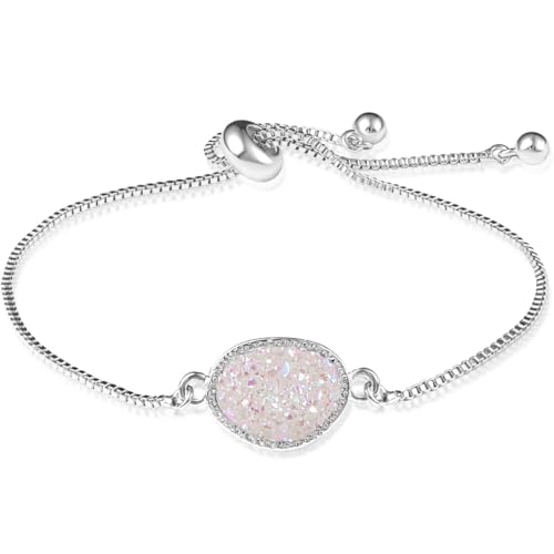 Humble Chic NY Simulated Druzy Chain Bracelet for Women - Boho Stackable Adjustable Bolo Slider Bracelet - color: Silver - White Created Opal
