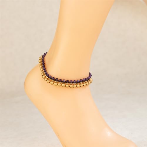 Jingling Round Stone Brass Anklet Bracelet Handmade Boho Ankle Bracelets for Women Minimalist Jewelry - color: purple