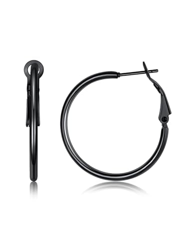 FOCALOOK 14K Gold Plated Lightweight Large Hoops| 2mm Thin Hoop Earrings for Women 30/40/50/70/100mm - color: 01.Black, size: 30mm