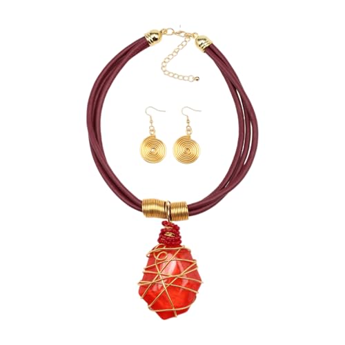 Ethnic Crystal Rhinestone Pendant Necklace Earrings Set Women Handmade Tribal Collar Choker Chunky Metal Bib Rope Chain African Statement Jewelry Set - color: N1505-red