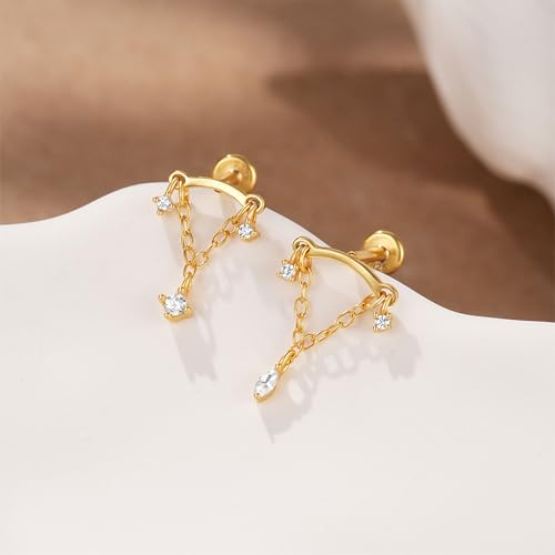Hidden Helix Earrings Dangle Rhinestone Helix Earrings Threadless Flat Back Earrings Hypoallergenic Cartilage Earring Hidden Helix Piercing Jewelry - color: gold