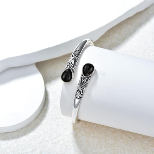 925 Sterling Silver Genuine Gemstone Bracelet for Women Men Handmade Adjustable Boho Navajo Style Bangle Cuff Natural Stone Jewelry Gift - color: Black Onyx