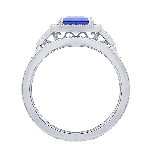 Amazon Essentials Platinum or Gold Plated Sterling Silver Antique Ring set with Asscher-Cut Infinite Elements Cubic Zirconia - color: Created Blue Sapphire/Platinum, size: 7