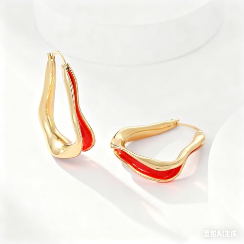 Chunky Hoop Earrings for Women Thick Minimalist Geometric Huggie Hoop Earrings Dainty Thick Y2K Preppy Earrings - style: irregular wave red