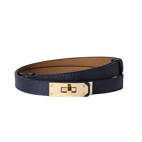 Ovekaut Women Skinny Leather Belt Solid Color Alloy Turn Lock Adjustable Waistband for Dresses Jeans Coats - color: Dark Blue / Gold