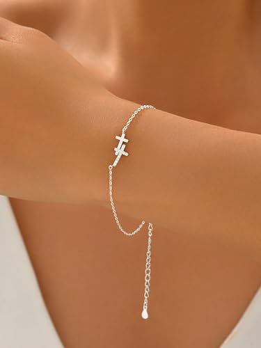 Double Cross Bracelet for Women 925 Sterling Silver Dainty 14K Gold Plated Cubic Zirconia Bracelet Faith Christian Bracelets Adjustable Chain Religious Christian Baptism Jewelry Gifts - color: Silver 2