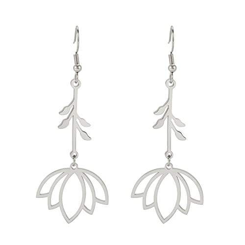 TEAMER Stainless Steel Lotus Flower Dangle Earrings Bohemian Drop Earring Unique Geometric Jewelry for Women - color: Lotus 1-Steel Color