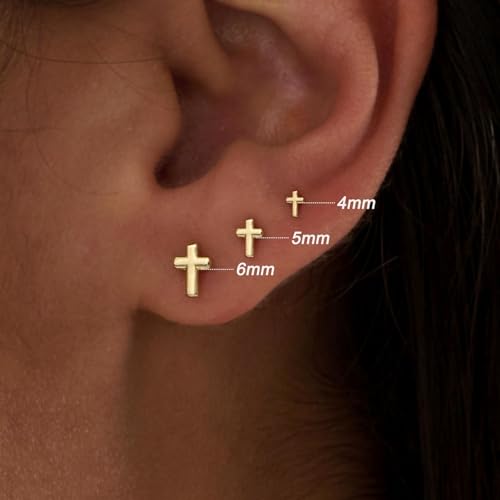 3 Pair Tiny Flat Back Earrings for Women - 14K Gold/White Gold Plated Dainty Cute Small Screw Flatback Stud Earring, Everyday Wear Gift - color: Cross Flat-4/5/6mm Gold