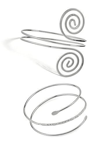 2Pcs Minimalist Simple Swirl Upper Arm Cuff Bracelets for Women Arm Bangle Armlets Adjustable - color: silver