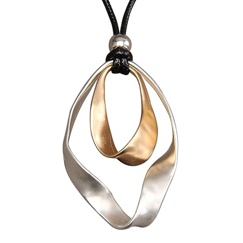 Bohemian Women's Leather Long Pendant Necklace Sweater necklace Adjustable Retro Woven Handmade Jewelry - color: Silver Outer Ring