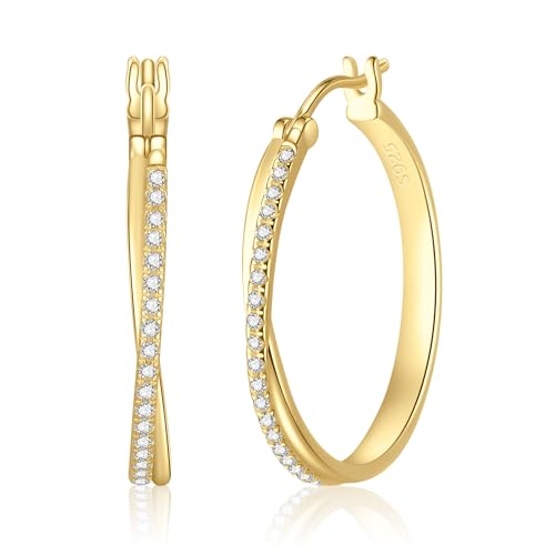 14K Gold Hoop Earrings for Women, Hypoallergenic Gold Vermeil Earrings for Sensitive Ears with Cubic Zirconia, 14K Gold Plated 925 Sterling Silver Jewelry Gifts for Women, 28mm