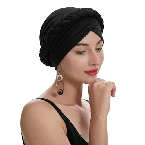 ZLYC Chemo Headwear for Women Pre Tied Turban Headwear Lightweight Beanie Hat - color: Braid Black