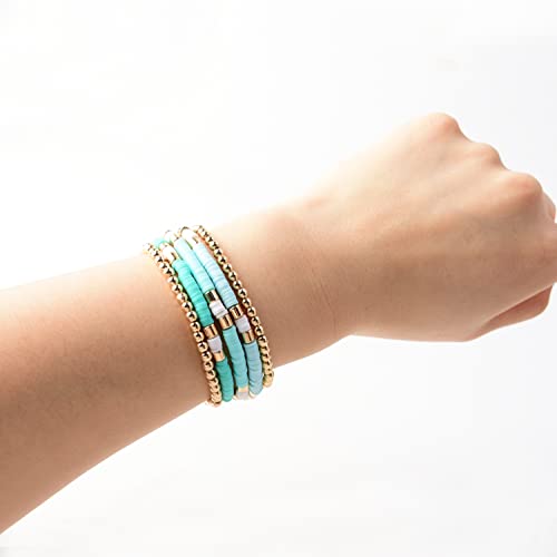 GOOJIDS Surfer Heishi Clay Bead Bracelets for Women Bohemian Stackable Gold Plated Beaded Stretch Bracelets Elastic Layering Friendship Bracelets Set Boho Jewelry - color: B-Light Green Surfer Color & Gold Bead