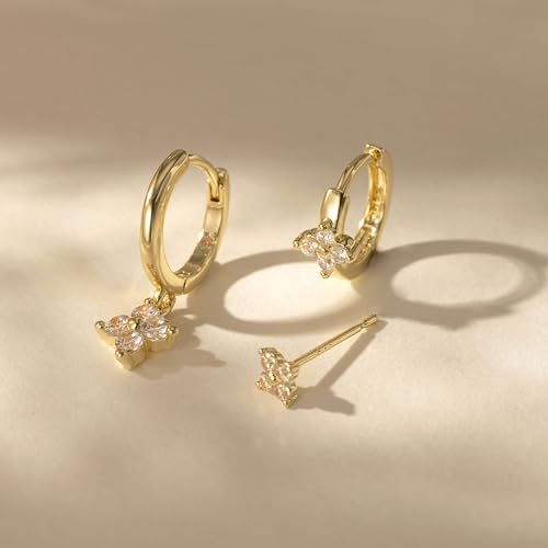 3 Pairs Small Earring Stacks, 14K Gold/Silver/Black/Rose Gold Plated Pearl Heart Butterfly Star Diamond Charm Drop Huggie Earrings Trendy Jewelry Gift for Women - color: Gold-Clover