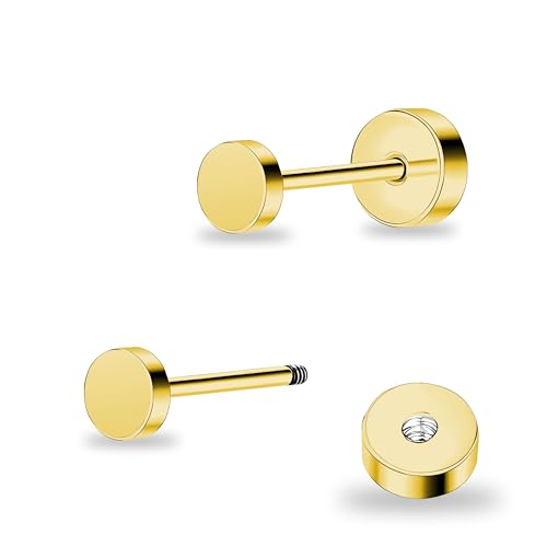 ZDE Women Earrings Flat Back Dot Earrings Titanium Hypoallergenic Cartilage Non-Nickel Earrings Studs for Sensitive Ears Simple Classic 3mm/4mm/5mm/6mm Screw On Stud Earring - color: Gold, size: 3MM