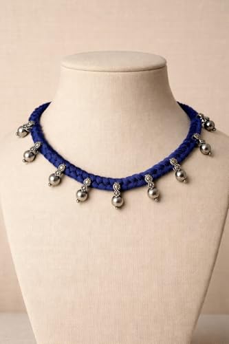 athizay Boho Charm Thread Choker Necklace – Braided Bohemian Choker with Oxidized Silver Dangle Charms | Handmade Boho Jewelry for Women - color: Blue, Silver