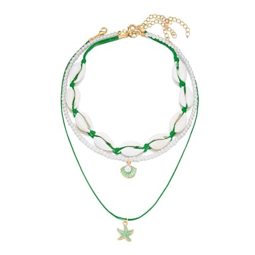 Shell Beach Choker Necklace Set for Women Boho Layered Beaded Adjustable Starfish Conch Shell Nacklace Imitaion Pearl Rice Beads Necklace Summer Ocean Vacation Jewelry - color: Green