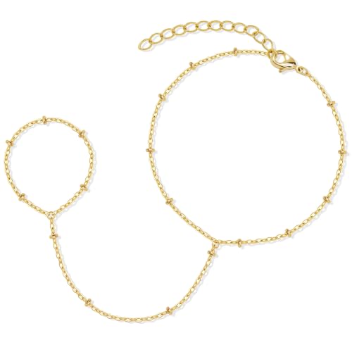 Poxtex Waterproof 14K Gold Plated Hand Chain Bracelet for Women, Non Tarnish Hypoallergenic Beaded Finger Ring Bracelet with Cubic Zirconia, Dainty Minimalist Boho Indian Style Stackable Wrist Body Jewelry for Summer Festival Vacation - color: Gold Beaded