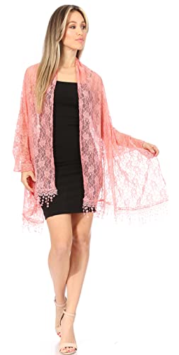 Sakkas Mari Women's Large Lightweight Soft Lace Scarf Wrap Shawl Floral and Fringe - color: Style2-peach