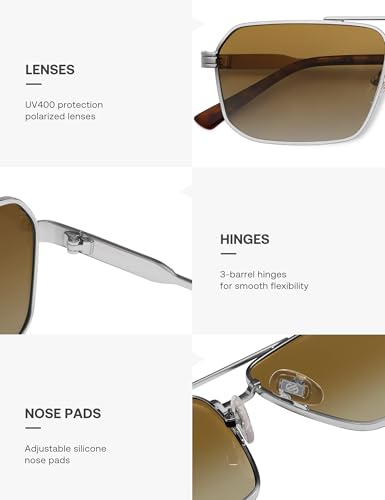 SOJOS Retro Polarized Square Sunglasses for Women Men Vintage Large Double Bridge UV Protection Metal Sun Glasses SJ1246 - color: Light Gunmetal/Yellow Grading