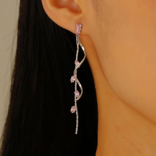 Temperament Long Zircon Tassel Earrings for Women Charm Jewelry Sparkling Crystal Leaves Twist Dangle Earrings for Friends - color: Silver-Pink Leaves