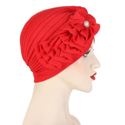 Flower Turban Hats for Women - Ruffle Bead Stretch Solid Caps Chemo Cancer Pre Tied Headscarf Headwear - color: Red