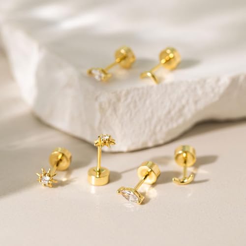 VRIUA 20G Tiny Flat Back Earrings for Women - 14K Gold/Silver Plated Small Flat Back Stud Earrings Hypoallergenic Cartilage Helix Piercing Jewelry - color: 4/5/6mm-Sun Moon Flat Gold
