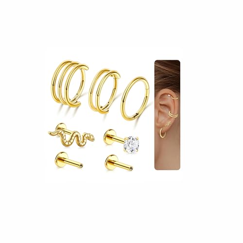 G23 Titanium 3PCS/7PCS 16G Cartilage Double-Hoop Helix Conch Piercing Jewelry With Cubic Zirconia Flat Back Stud Earrings Set For Women Men - color: B-7PCS-Gold-16G