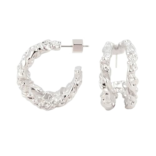 RENAIZ Bold Statement Hoop & Stud Earrings for Women – 14K Gold & Rhodium Plated Maximalist Jewelry, Chunky Geometric Boho Earrings, Hypoallergenic Non-Tarnish Trendy Gift - color: White Gold, style: Lava Chunky