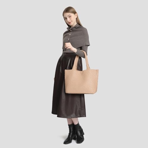 Woven Tote Bag for women,Vegan Leather Woven Satchel Handbag,Shoulder bag with Pouch,Hobo bag fits13-14” laptops - color: Apricot