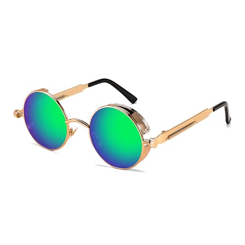 FEISEDY Retro Gothic Steampunk Sunglasses Round Metal Frame Punk Circle Inspired Shade Men B1857 - color: Gold/Green Mirror