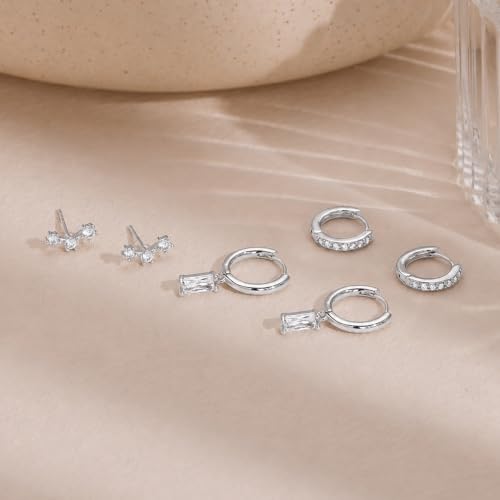 Poxtex Small Sterling Silver Huggie Hoop Earrings Set for Women, Hypoallergenic 14K Gold Plated Hoops Stacks for Multiple Piercings, Dainty Cute Mini Lightweight Cartilage Studs Trendy Jewelry Gift - color: Silver-dangle climber