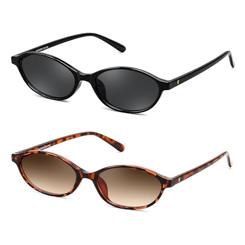 FEISEDY Retro Oval Sunglasses for Women Cat Eye 90s Lightweight Narrow Shades Trendy Sun Glasses B4196 - color: 2 Pack Black+tortoise