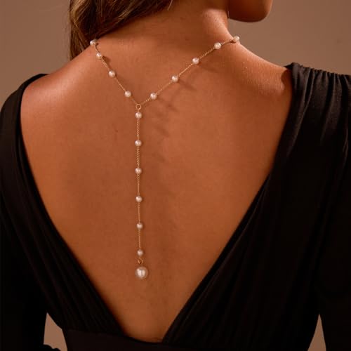 Silver Gold Back Necklace Back Jewelry for Backless Dress Pearl Backdrop Necklace Long Body Chain for Backless Dress Sexy Dainty Elegant Body Chain Jewelry Women Prom Party Anniversary - style: A1- All pearl - gold