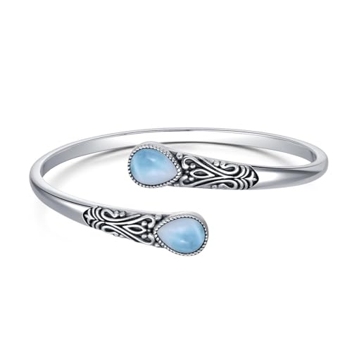925 Sterling Silver Genuine Gemstone Bracelet for Women Men Handmade Adjustable Boho Navajo Style Bangle Cuff Natural Stone Jewelry Gift - color: Larimar