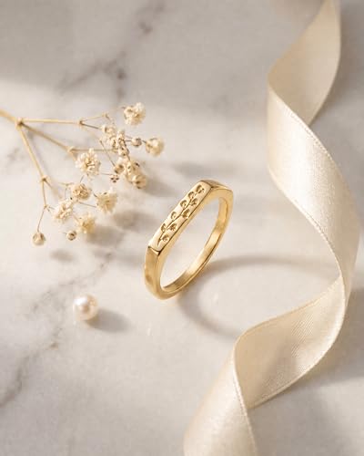 YeGieonr 14K Gold Plated Signet Rings for Women Non Tarnish 925 Sterling Silver Dainty Stackable Gold Ring, Waterproof Engraved Flower Thin Band Unique Everyday Jewelry Gift - color: 14K Gold Plated