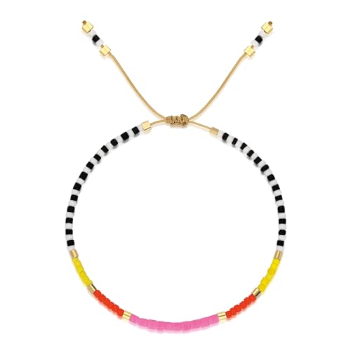 NAZ COLLECTION – Dainty Seed Bead Bracelet, Handmade Multicolor Bohemian Stackable Beaded Bracelets, Colorful Beach Surfer Boho Bracelets, Adjustable Charm String, Summer Jewelry for Women, ADULT Bracelets - color: Neon